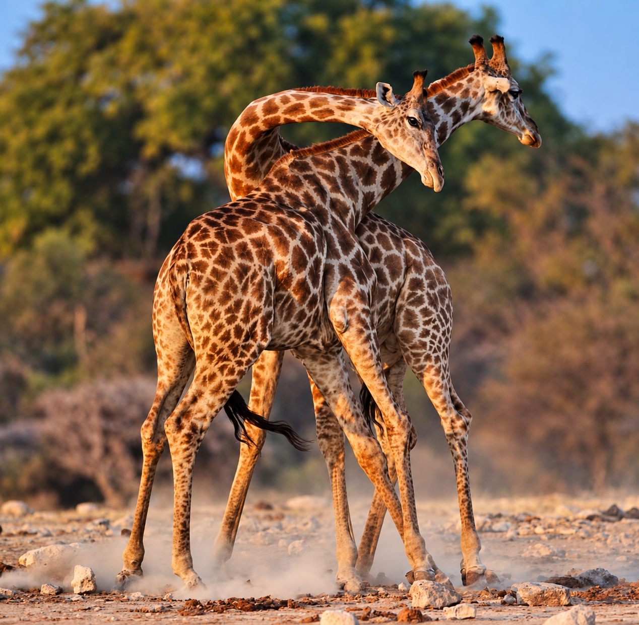 Giraffe walking at sunset